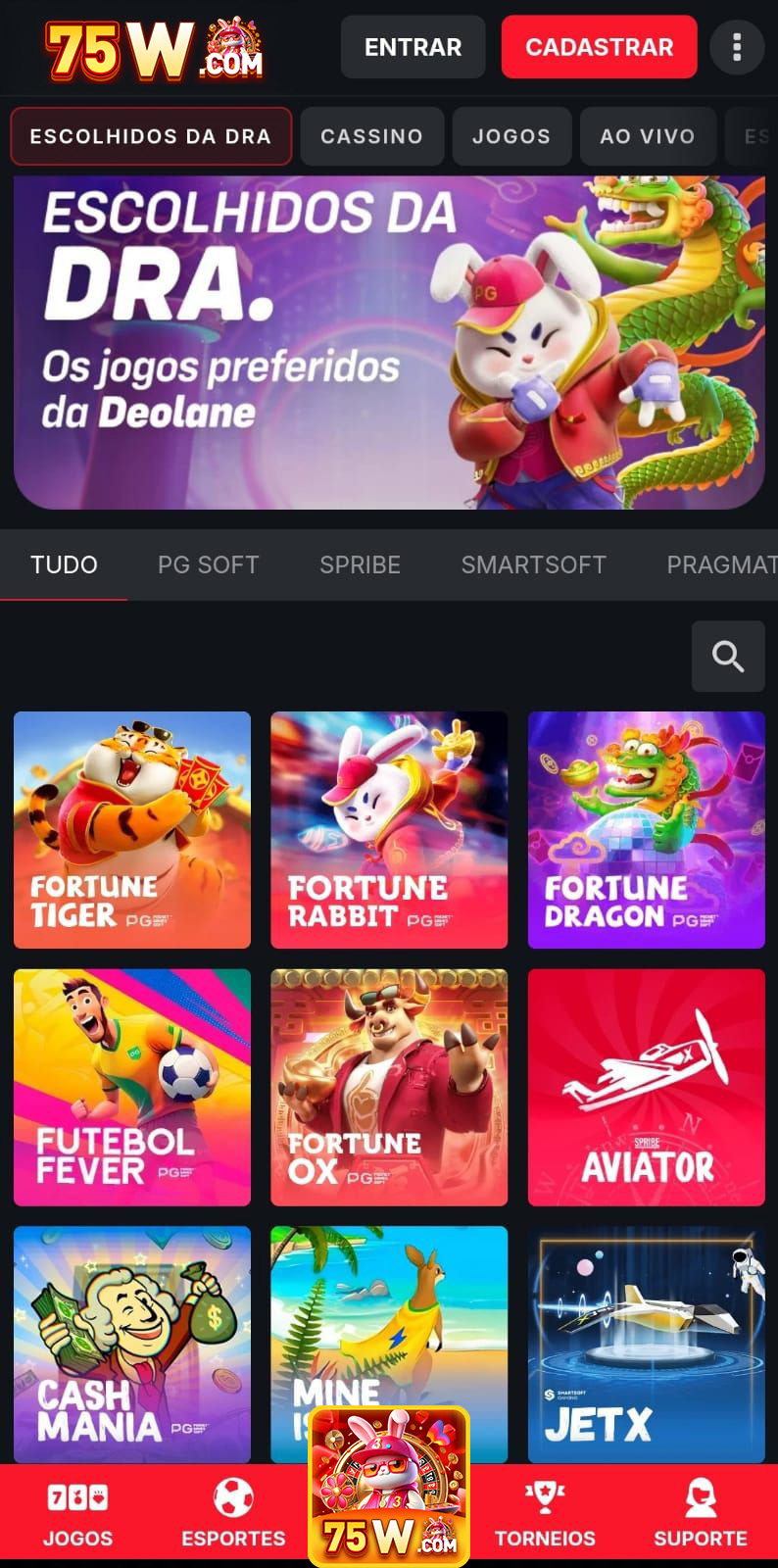 Banner do aplicativo 75w.com com destaques de apostas